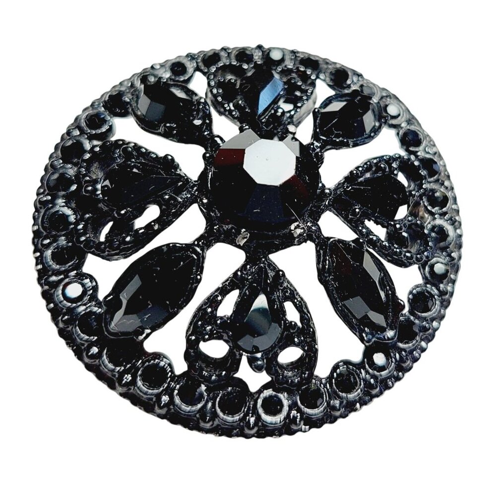 Vintage Domed Black Rhinestone Round Brooch Filigree Design Mourning Pin